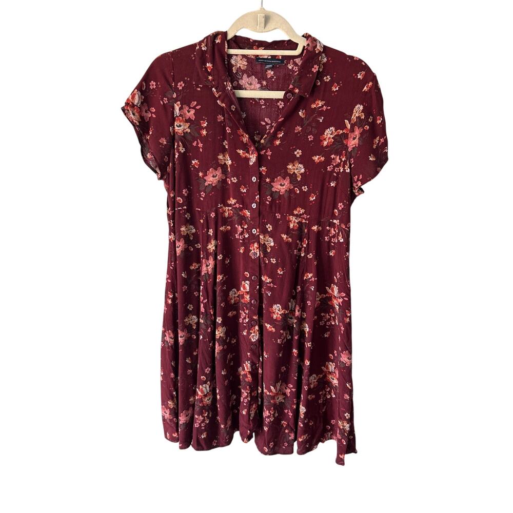 American Eagle Outfitters Maroon Floral Short Sleeve Button Front Dress Medium